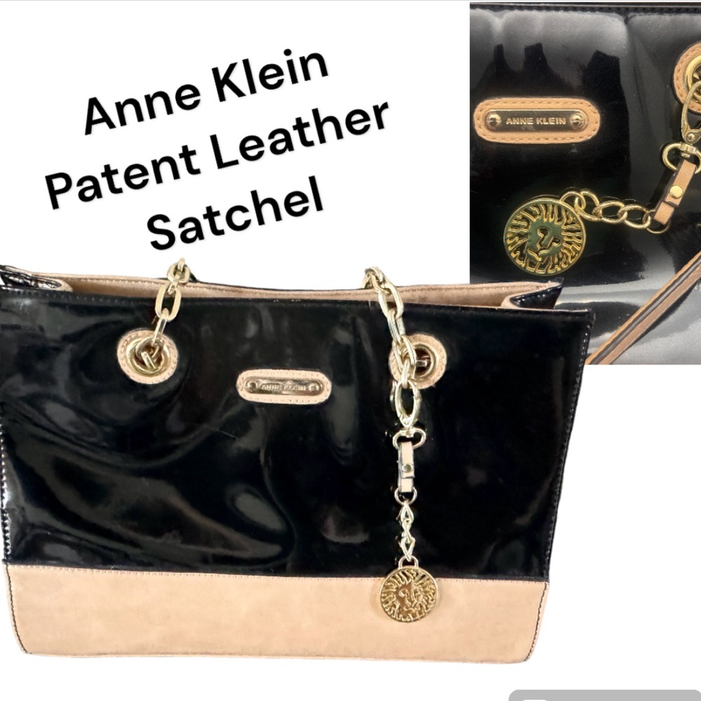 Patent Leather Purse,Anne Klein Satchel, Black & Tan Shiny Bag,Tote, Tablet